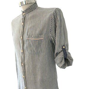 ZARA Man ~ Linen blend Blue & White Striped ~ Long Sleeve Button-Down Shirt~